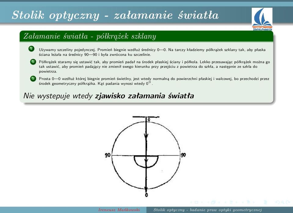 2 Półkrążek staramy się ustawić tak, aby promień padał na środek płaskiej ściany i półkola.