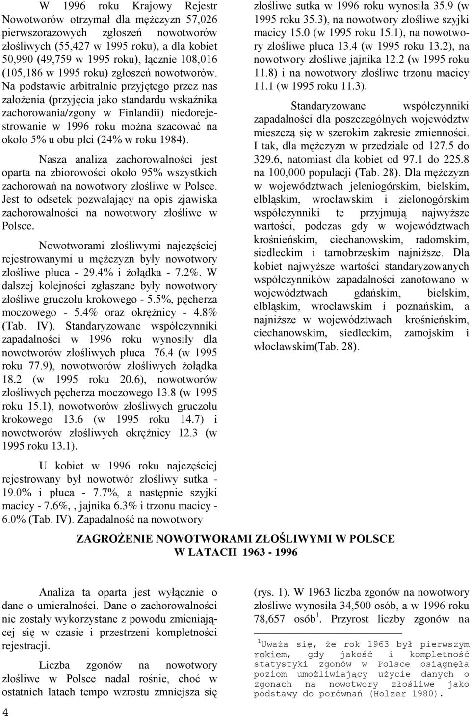 Na podstawie arbitralnie przyjętego przez nas założenia (przyjęcia jako standardu wskaźnika zachorowania/zgony w Finlandii) niedorejestrowanie w 1996 roku można szacować na około 5% u obu płci (24% w