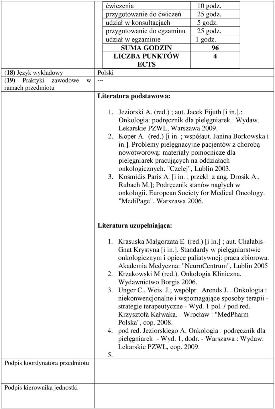 : Onkologia: podręcznik dla pielęgniarek.: Wydaw. Lekarskie PZWL, Warszawa 2009. 2. Koper A. (red.) [i in. ; współaut. Janina Borkowska i in.].