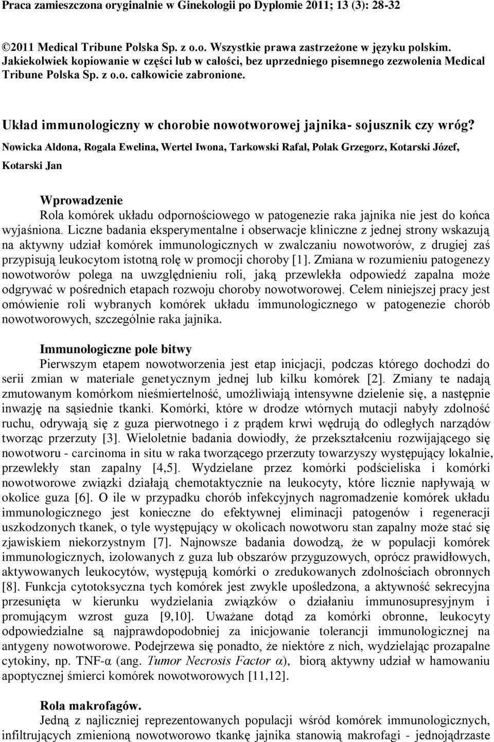 Układ immunologiczny w chorobie nowotworowej jajnika- sojusznik czy wróg?