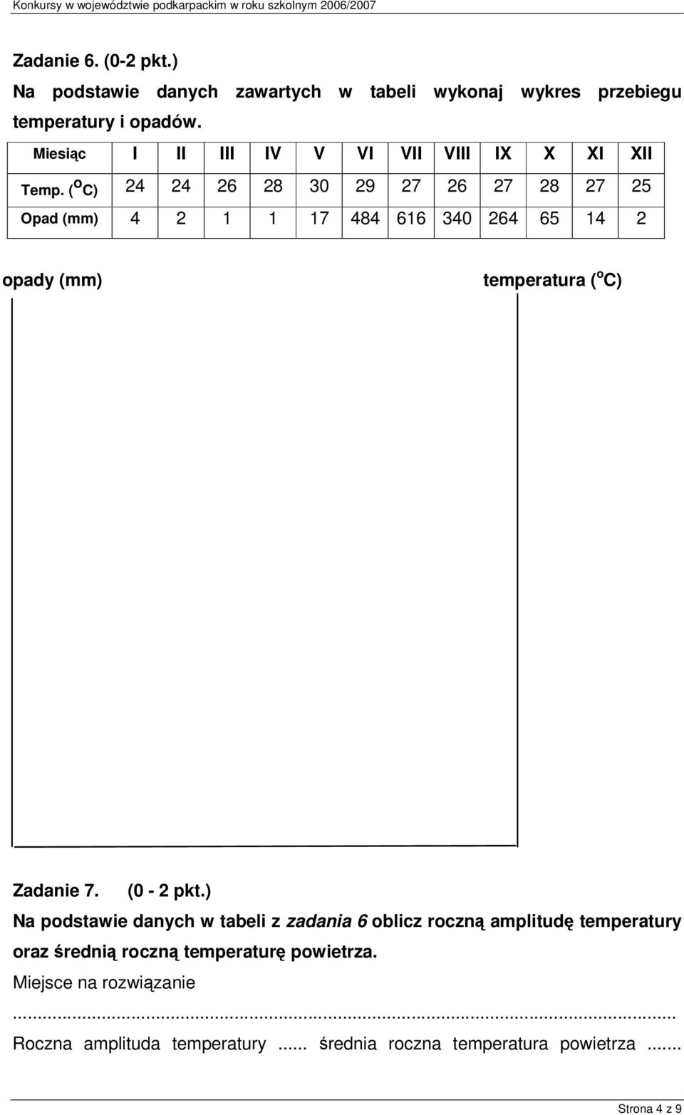 ( o C) 24 24 26 28 30 29 27 26 27 28 27 25 Opad (mm) 4 2 1 1 17 484 616 340 264 65 14 2 opady (mm) temperatura ( o C) Zadanie 7.