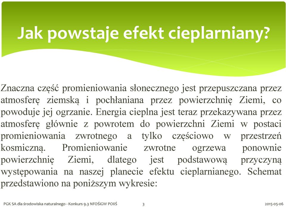 Energia cieplna jest teraz przekazywana przez atmosferę głównie z powrotem do powierzchni Ziemi w postaci promieniowania zwrotnego a tylko częściowo w