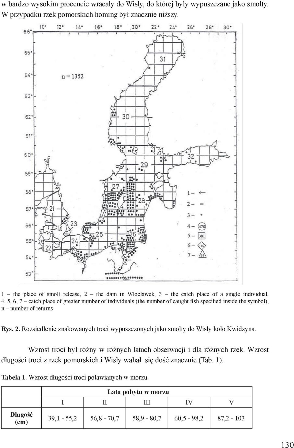 inside the symbol), n number of returns Rys. 2. Rozsiedlenie znakowanych troci wypuszczonych jako smolty do Wisły koło Kwidzyna.