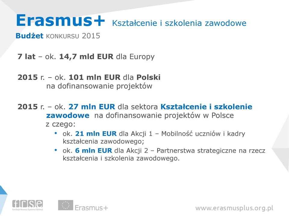 czego: ok. 21 mln EUR dla Akcji 1 Mobilność uczniów i kadry kształcenia zawodowego; ok.