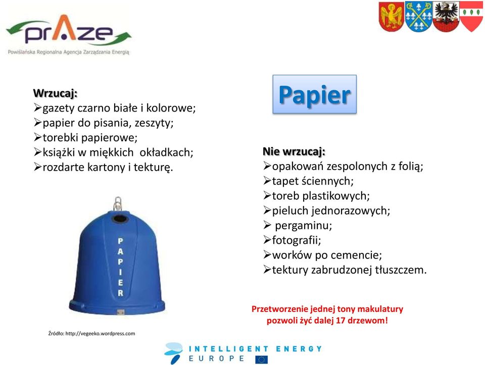 Papier Nie wrzucaj: opakowań zespolonych z folią; tapet ściennych; toreb plastikowych; pieluch