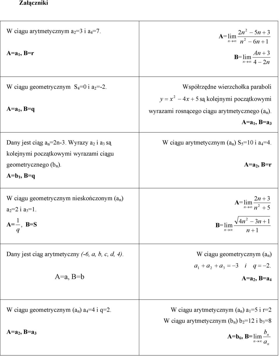 Wyrzy i 3 są kolejymi początkowymi wyrzmi ciągu geometryczego (b ). A=b, B=q W ciągu rytmetyczym ( ) S 5 =0 i 4 =4. A=, B=r W ciągu geometryczym ieskończoym ( ) = i 3 =.