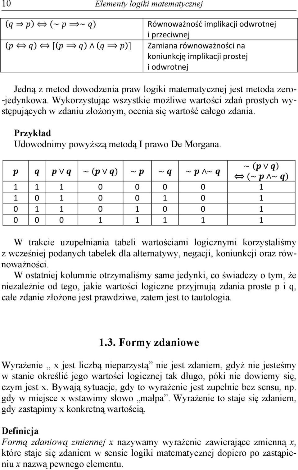 1 1 1 0 0 0 0 1 1 0 1 0 0 1 0 1 0 1 1 0 1 0 0 1 0 0 0 1 1 1 1 1 W trakcie uzupełniania tabeli wartościami logicznymi korzystaliśmy z wcześniej podanych tabelek dla alternatywy, negacji, koniunkcji