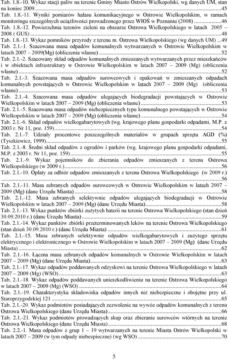 Powierzchnia terenów zieleni na obszarze Ostrowa Wielkopolskiego w latach 2005 2008 ( GUS)... 48 Tab. 1.8.-13