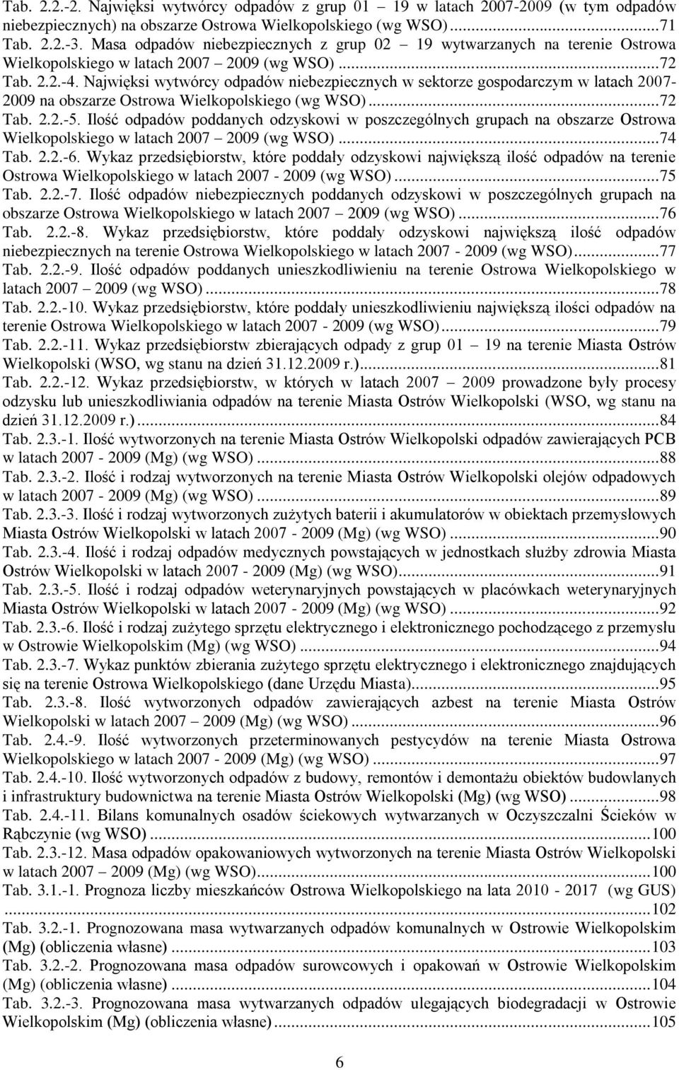 Najwięksi wytwórcy odpadów niebezpiecznych w sektorze gospodarczym w latach 2007-2009 na obszarze Ostrowa Wielkopolskiego (wg WSO)... 72 Tab. 2.2.-5.