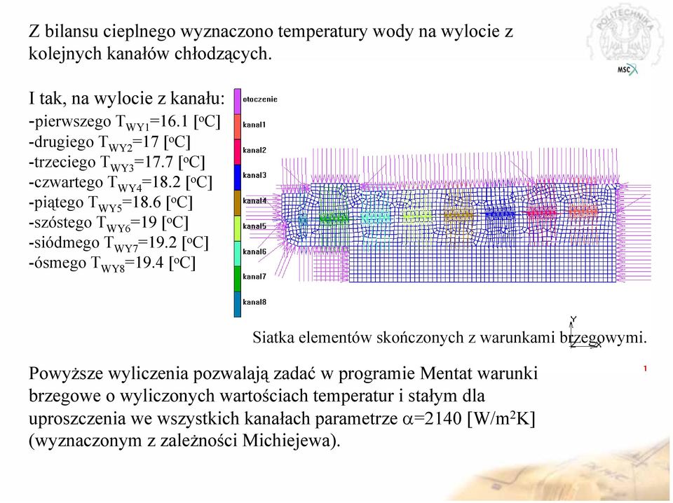 6 [ o C] -szóstego T WY6 =19 [ o C] -siódmego T WY7 =19.2 [ o C] -ósmego T WY8 =19.4 [ o C] Siatka elementów skończonych z warunkami brzegowymi.