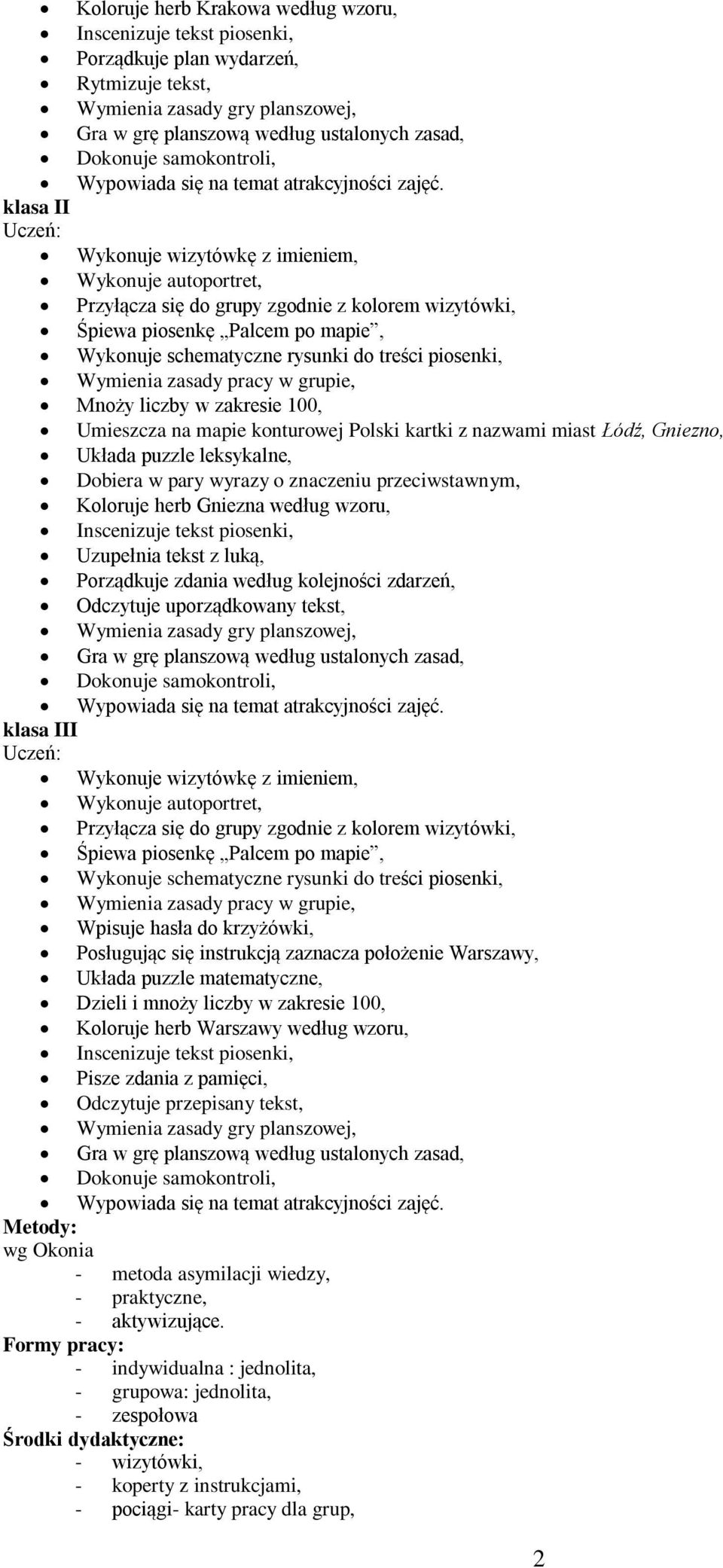 klasa II Wykonuje wizytówkę z imieniem, Wykonuje autoportret, Przyłącza się do grupy zgodnie z kolorem wizytówki, Śpiewa piosenkę Palcem po mapie, Wykonuje schematyczne rysunki do treści piosenki,