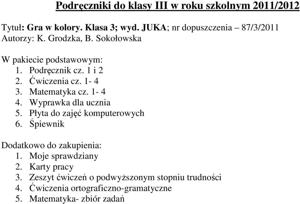 Ćwiczenia cz. 1-4 3. Matematyka cz. 1-4 4. Wyprawka dla ucznia 5. Płyta do zajęć komputerowych 6.