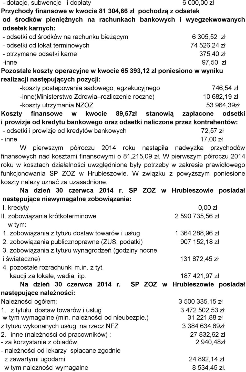 wyniku realizacji następujących pozycji: koszty postepowania sadowego, egzekucyjnego 746,54 zł inne(ministerstwo Zdrowia rozliczenie roczne) 10 682,19 zł koszty utrzymania NZOZ 53 964,39zł Koszty