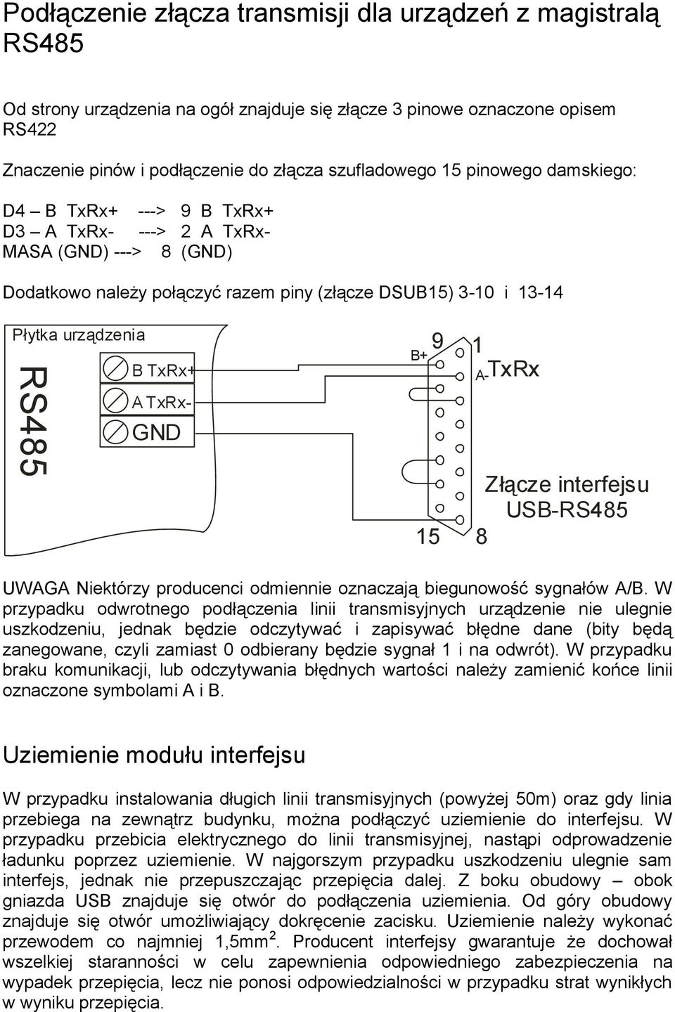 TxRx- GND B+ 9 15 1 A-TxRx Złącze interfejsu USB-RS485 8 UWAGA Niektórzy producenci odmiennie oznaczają biegunowość sygnałów A/B.