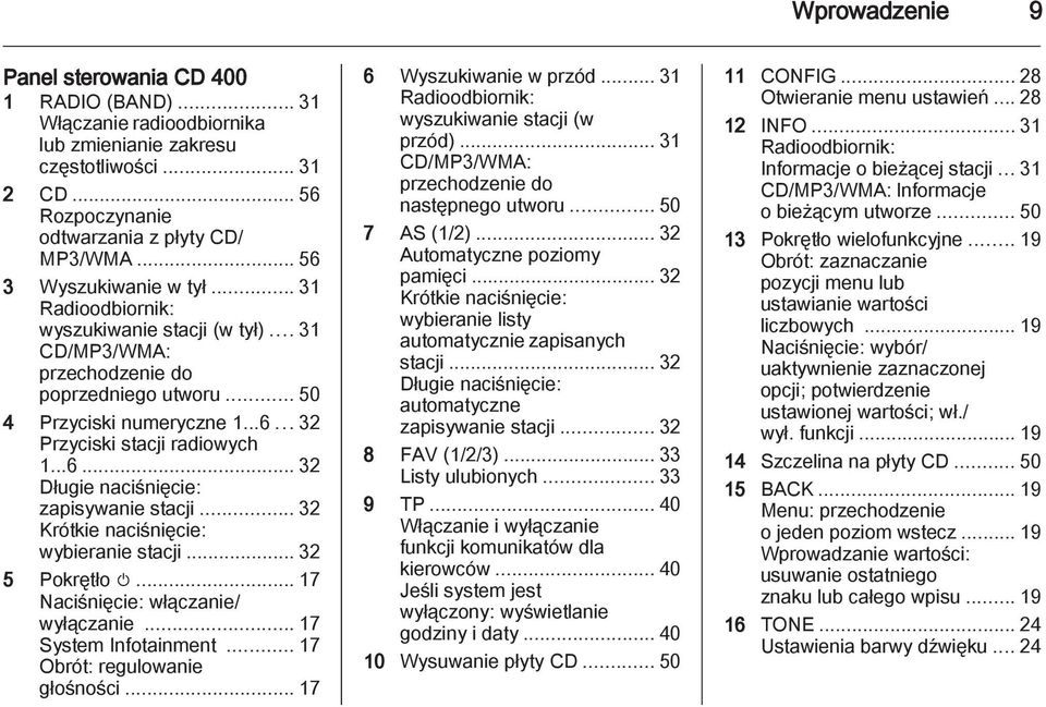 ..6... 32 Długie naciśnięcie: zapisywanie stacji... 32 Krótkie naciśnięcie: wybieranie stacji... 32 5 Pokrętło m... 17 Naciśnięcie: włączanie/ wyłączanie... 17 System Infotainment.