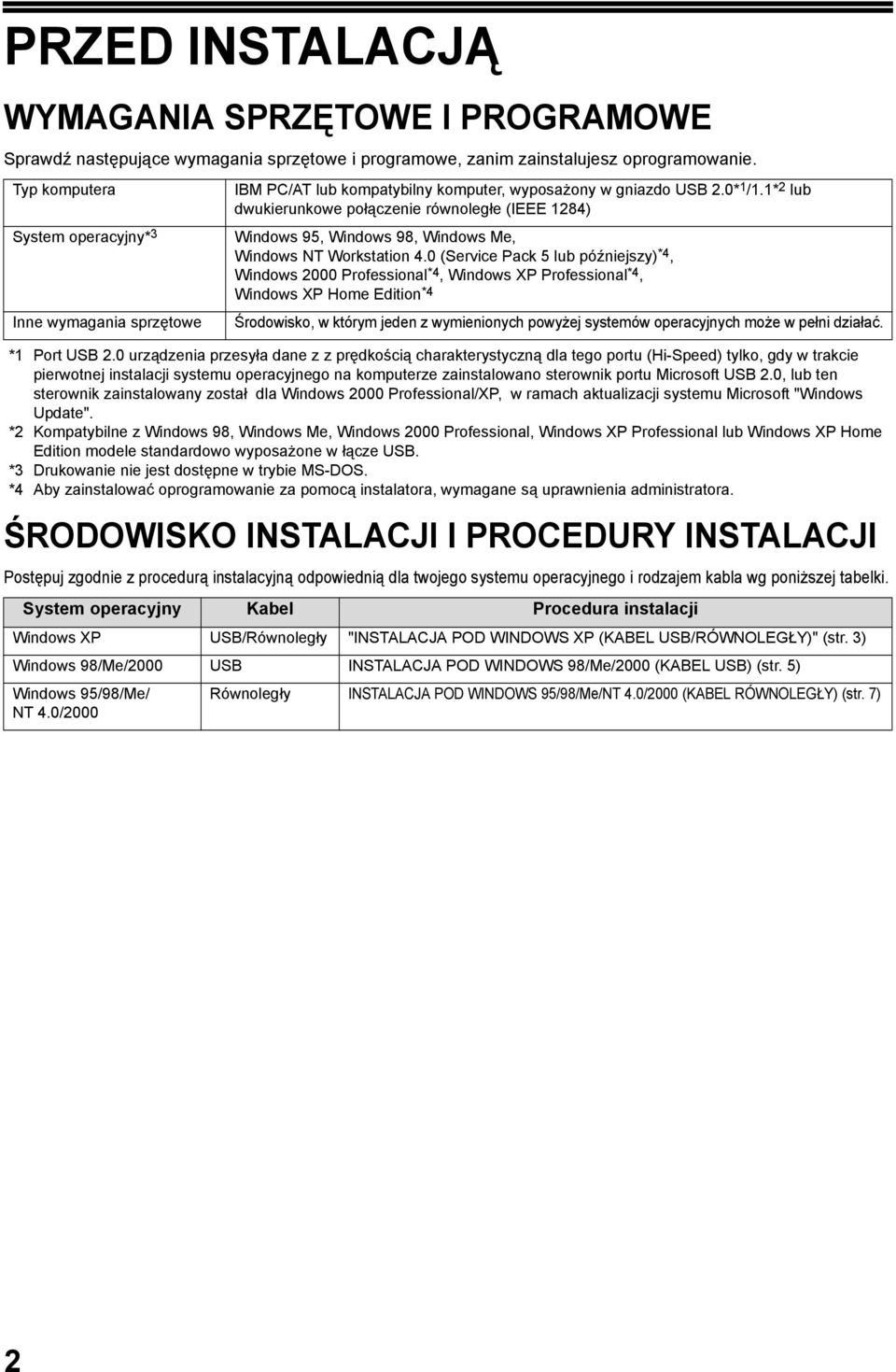 * lub dwukierunkowe połączenie równoległe (IEEE 8) Windows 95, Windows 98, Windows Me, Windows NT Workstation.