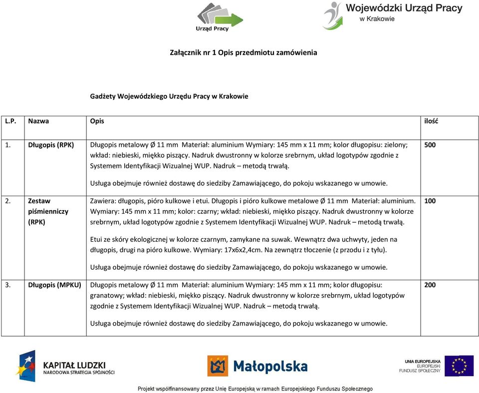 Nadruk dwustronny w kolorze srebrnym, układ logotypów zgodnie z Systemem Identyfikacji Wizualnej WUP. Nadruk metodą trwałą. 500 2. Zestaw piśmienniczy Zawiera: długopis, pióro kulkowe i etui.