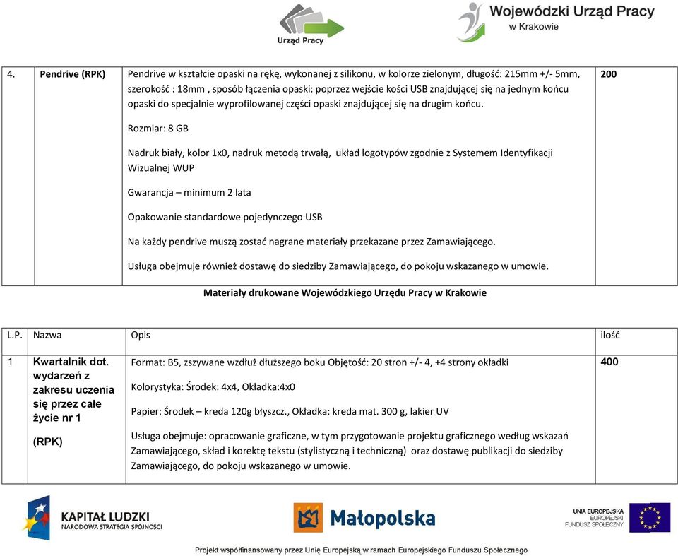 200 Rozmiar: 8 GB Nadruk biały, kolor 1x0, nadruk metodą trwałą, układ logotypów zgodnie z Systemem Identyfikacji Wizualnej WUP Gwarancja minimum 2 lata Opakowanie standardowe pojedynczego USB Na