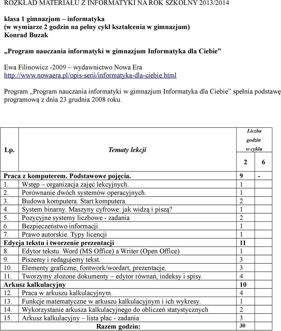 Typy licencji 1 Edycja tekstu i tworzenie prezentacji 11 8. Edytor tekstu. Word (MS Office) a Writer (Open Office) 1 9. Piszemy i redagujemy tekst. 3 10.