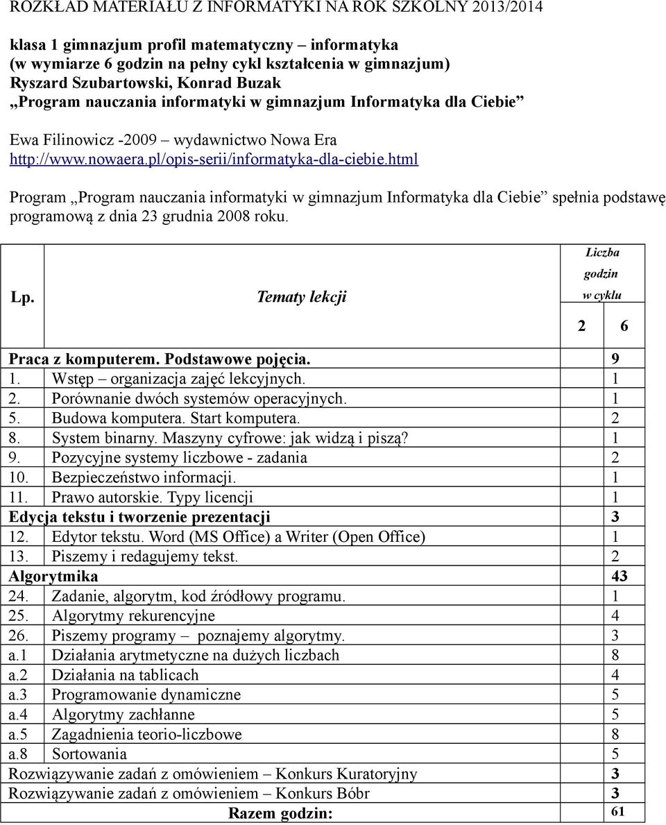 Bezpieczeństwo informacji. 1 11. Prawo autorskie. Typy licencji 1 Edycja tekstu i tworzenie prezentacji 3 12. Edytor tekstu. Word (MS Office) a Writer (Open Office) 1 13. Piszemy i redagujemy tekst.