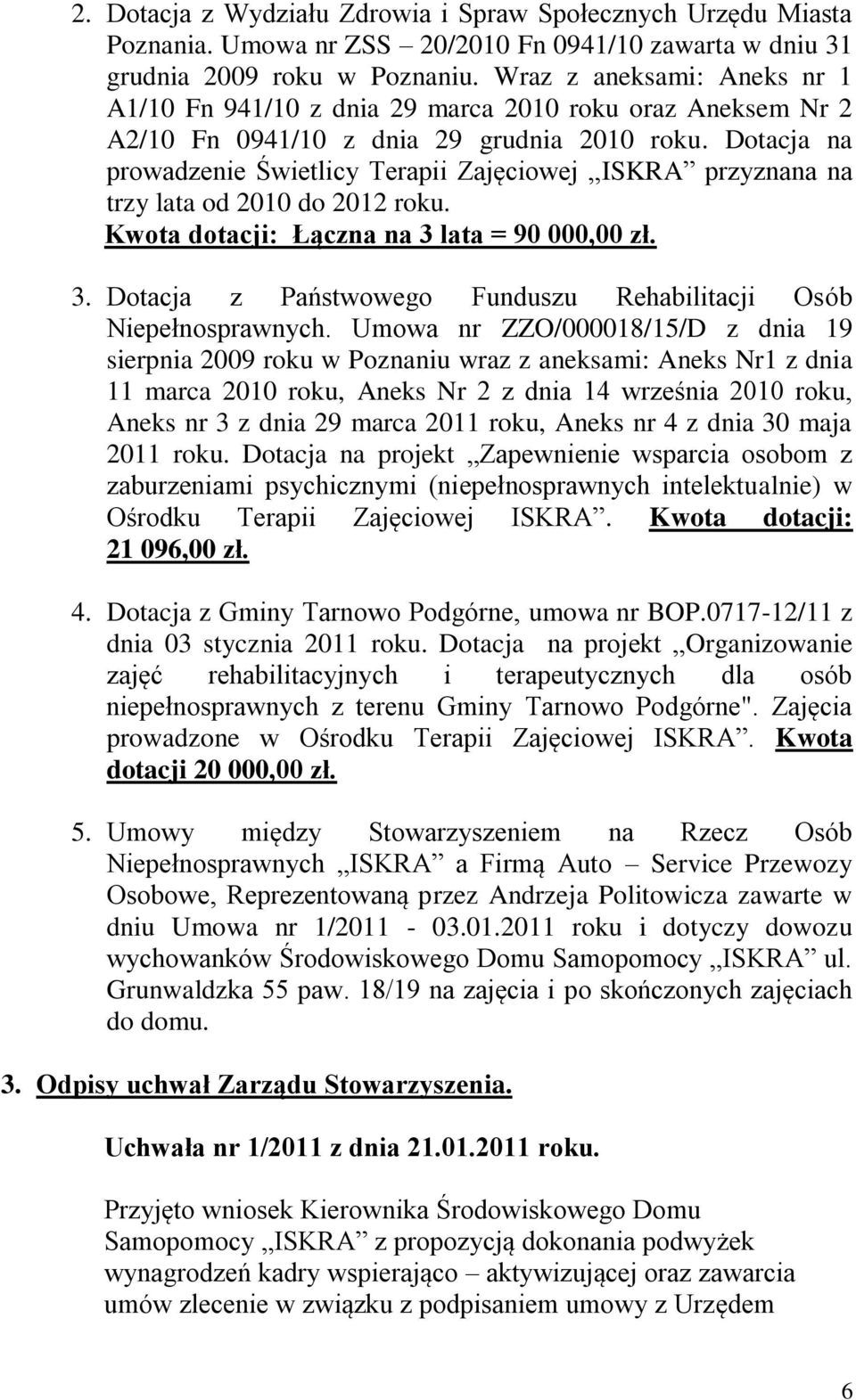 Dotacja na prowadzenie Świetlicy Terapii Zajęciowej ISKRA przyznana na trzy lata od 2010 do 2012 roku. Kwota dotacji: Łączna na 3 lata = 90 000,00 zł. 3. Dotacja z Państwowego Funduszu Rehabilitacji Osób Niepełnosprawnych.