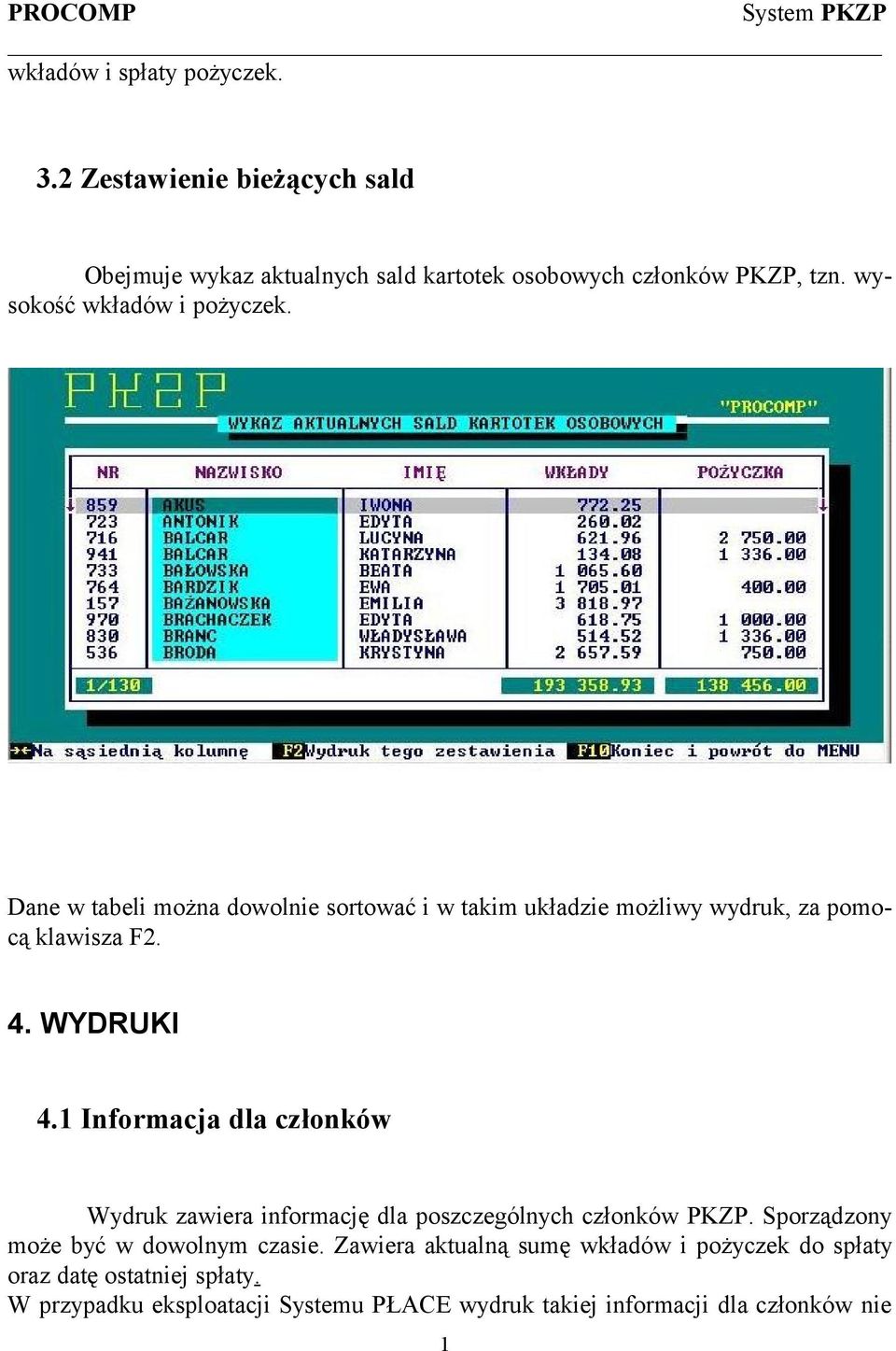 1 Informacja dla członków Wydruk zawiera informację dla poszczególnych członków PKZP. Sporządzony może być w dowolnym czasie.