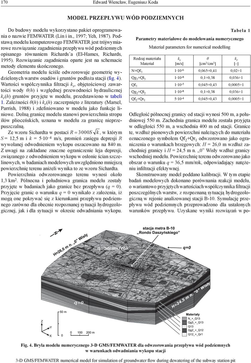 Rozwiązanie zagadnienia oparte jest na schemacie metody elementu skończonego. Geometria modelu ściśle odwzorowuje geometrię wydzielonych warstw osadów i gruntów podłoża stacji (fig. 4).