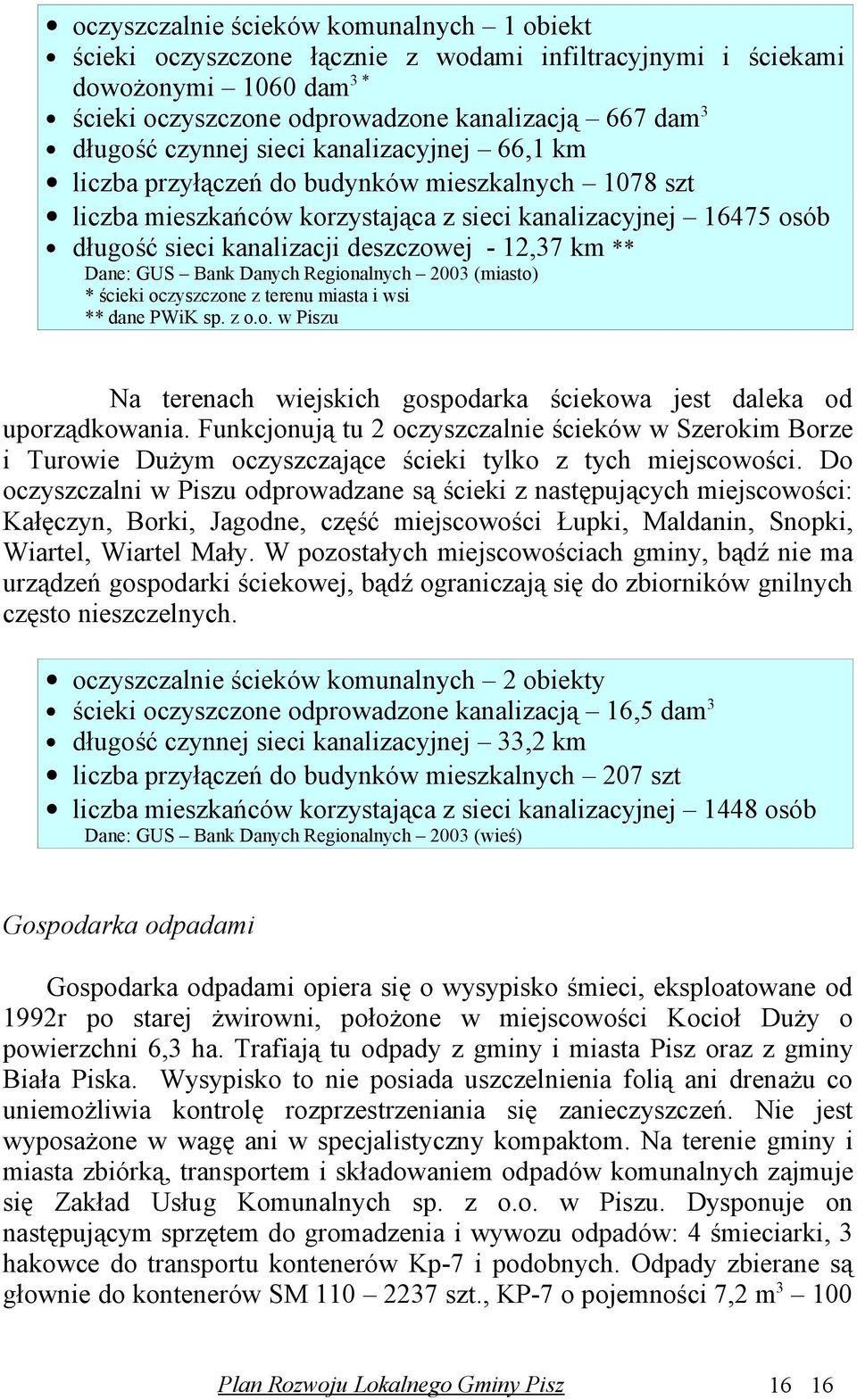 Dane: GUS Bank Danych Regionalnych 2003 (miasto) * ścieki oczyszczone z terenu miasta i wsi ** dane PWiK sp. z o.o. w Piszu Na terenach wiejskich gospodarka ściekowa jest daleka od uporządkowania.