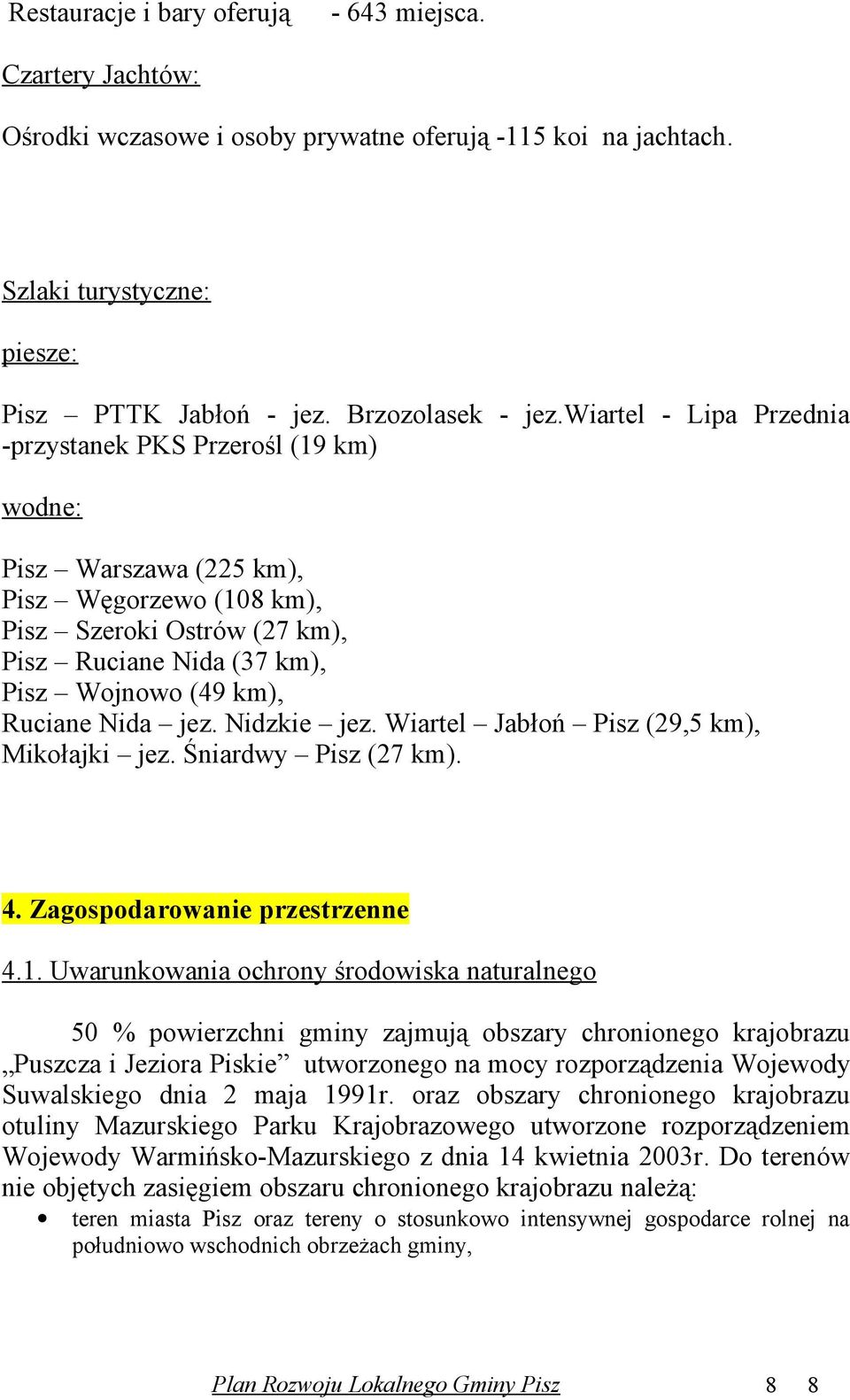 Nida jez. Nidzkie jez. Wiartel Jabłoń Pisz (29,5 km), Mikołajki jez. Śniardwy Pisz (27 km). 4. Zagospodarowanie przestrzenne 4.1.