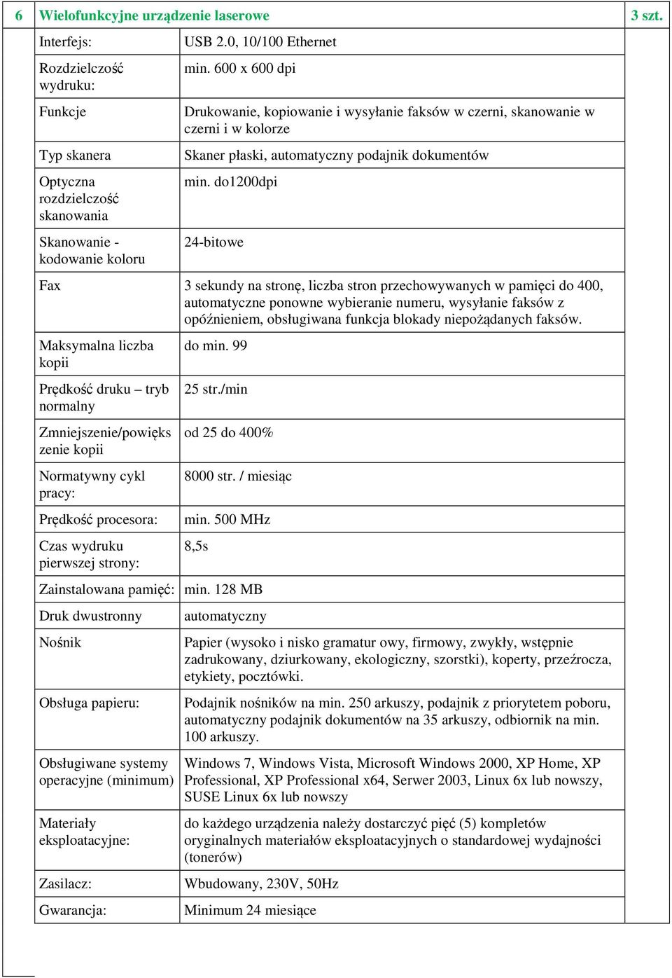 do1200dpi 24-bitowe Fax 3 sekundy na stronę, liczba stron przechowywanych w pamięci do 400, automatyczne ponowne wybieranie numeru, wysyłanie faksów z opóźnieniem, obsługiwana funkcja blokady