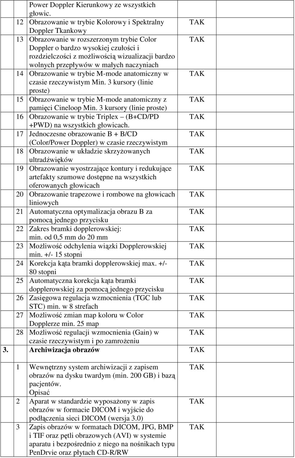 przepływów w małych naczyniach 14 Obrazowanie w trybie M-mode anatomiczny w czasie rzeczywistym Min. 3 kursory (linie proste) 15 Obrazowanie w trybie M-mode anatomiczny z pamięci Cineloop Min.