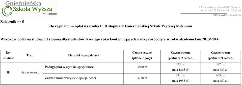 opłat na studiach I stopnia dla studentów trzeciego roku kontynuujących naukę rozpoczętą w roku akademickim