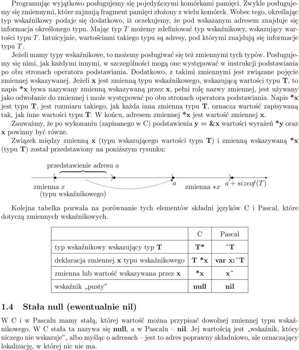 Mając typ T możemy zdefiniować typ wskaźnikowy, wskazujący wartości typu T. Intuicyjnie, wartościami takiego typu są adresy, pod którymi znajdują się informacje typu T.