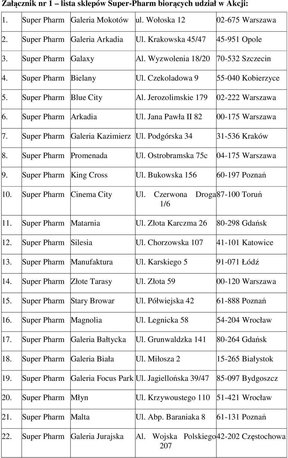 Super Pharm Arkadia Ul. Jana Pawła II 82 00-175 Warszawa 7. Super Pharm Galeria Kazimierz Ul. Podgórska 34 31-536 Kraków 8. Super Pharm Promenada Ul. Ostrobramska 75c 04-175 Warszawa 9.