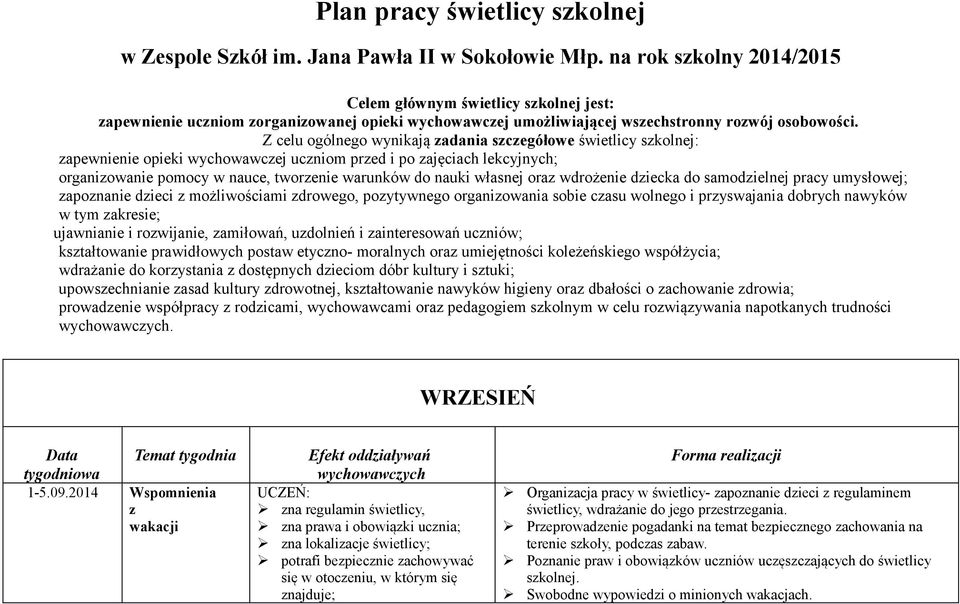 Z celu ogólnego wynikają zadania szczegółowe świetlicy szkolnej: zapewnienie opieki wychowawczej uczniom przed i po zajęciach lekcyjnych; organizowanie pomocy w nauce, tworzenie warunków do nauki