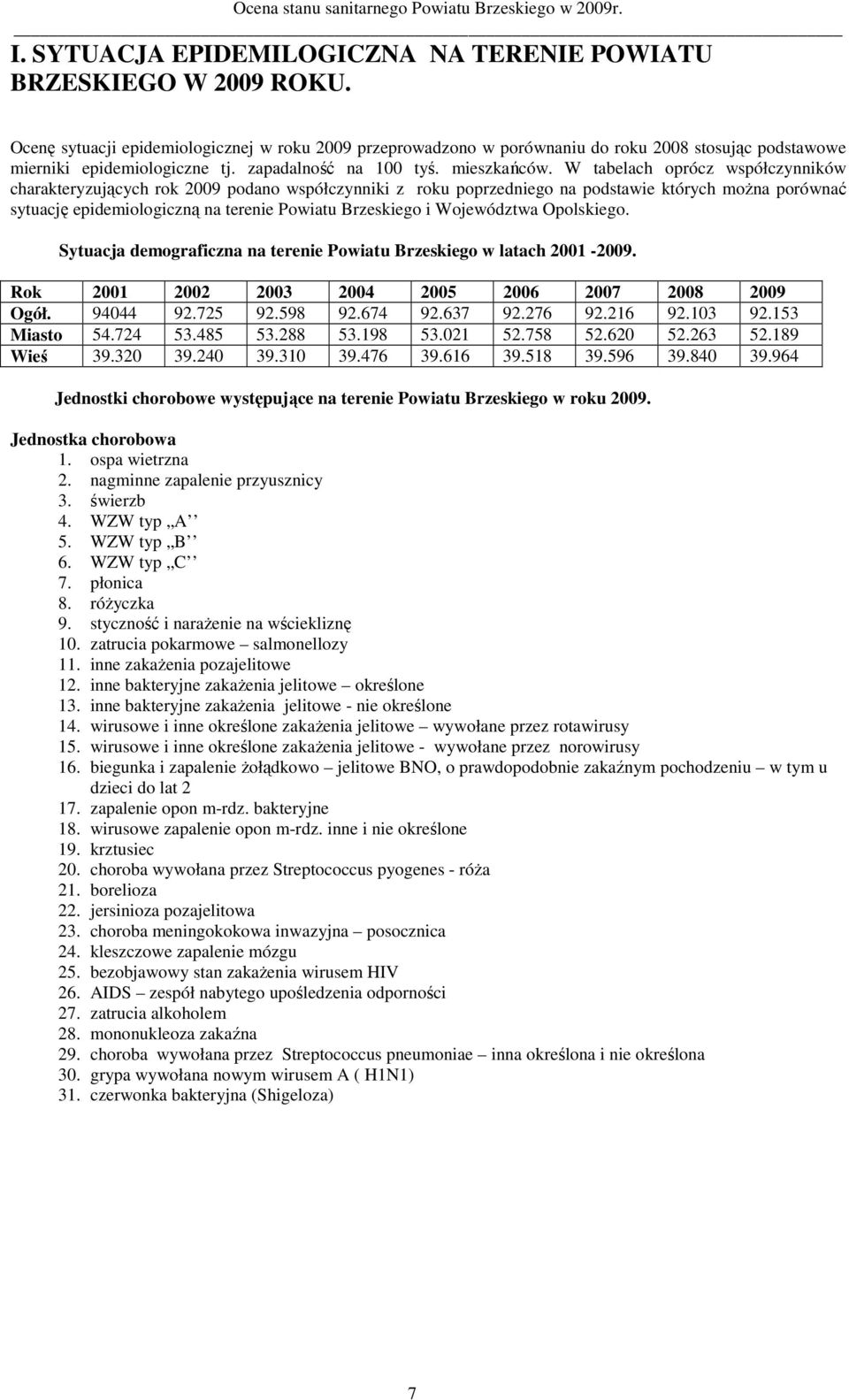 W tabelach oprócz współczynników charakteryzujących rok 2009 podano współczynniki z roku poprzedniego na podstawie których można porównać sytuację epidemiologiczną na terenie Powiatu Brzeskiego i