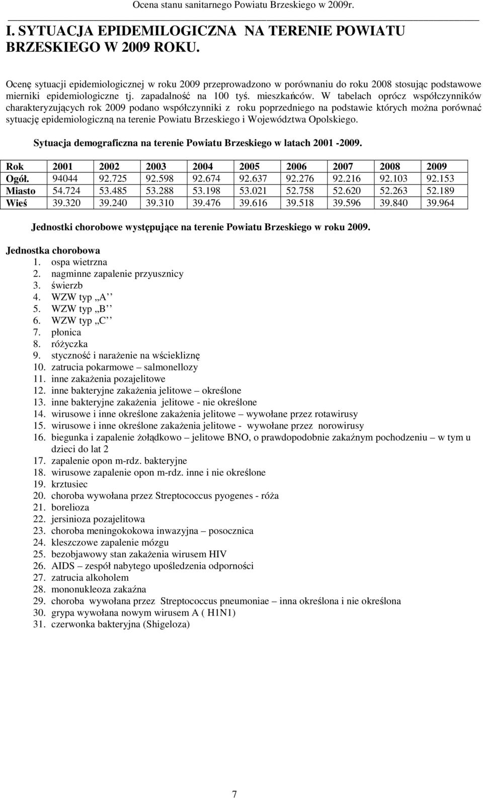 W tabelach oprócz współczynników charakteryzujących rok 2009 podano współczynniki z roku poprzedniego na podstawie których można porównać sytuację epidemiologiczną na terenie Powiatu Brzeskiego i