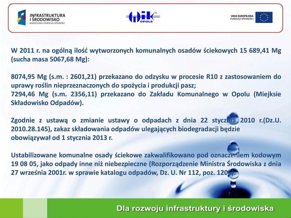 145), zakaz składowania odpadów ulegających biodegradacji będzie obowiązywał od 1 stycznia 2013 r.