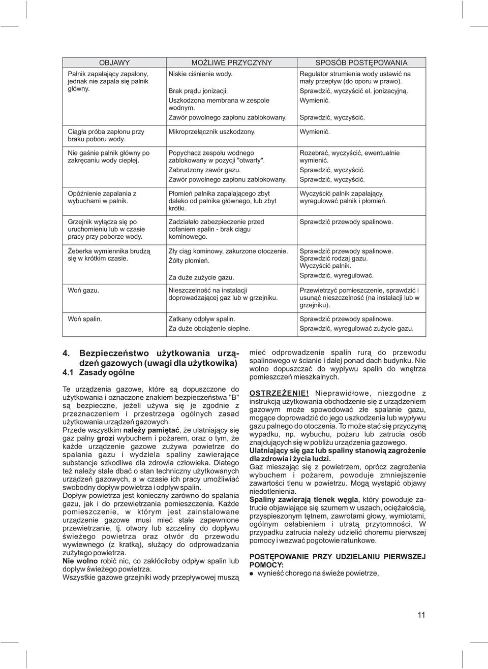 OBJAWY MO LIWE PRZYCZYNY Niskie ciœnienie wody. Brak pr¹du jonizacji. Uszkodzona membrana w zespole wodnym. Zawór powolnego zap³onu zablokowany. Mikroprze³¹cznik uszkodzony.