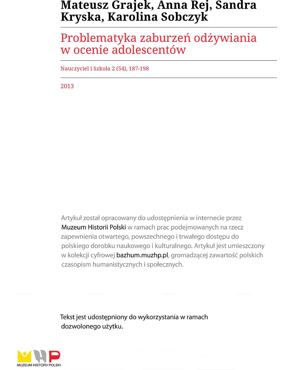zaburzeń odżywiania w ocenie