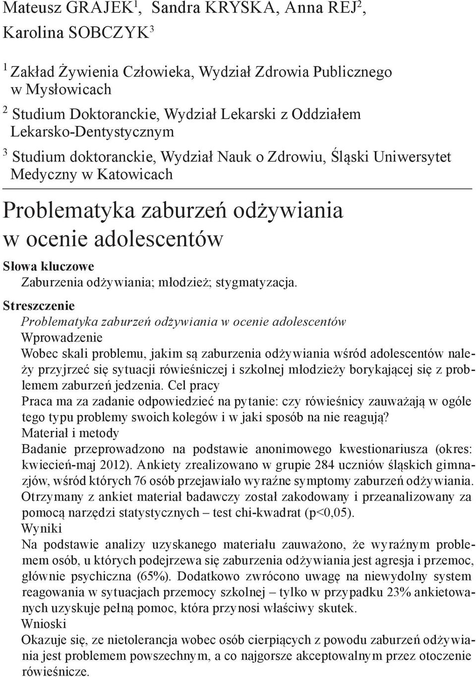 odżywiania; młodzież; stygmatyzacja.