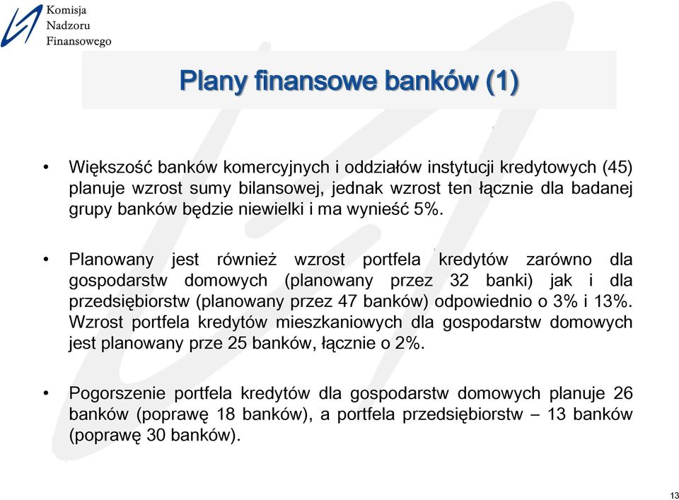 Planowany jest również wzrost portfela kredytów zarówno dla gospodarstw domowych (planowany przez 32 banki) jak i dla przedsiębiorstw (planowany przez 47 banków)