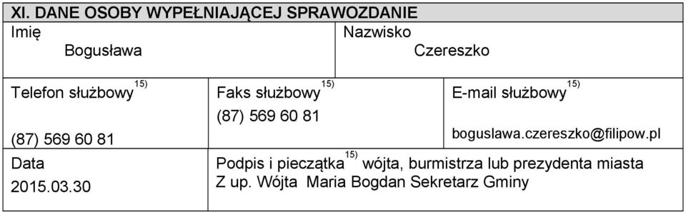 30 Faks służbowy 15) (87) 569 60 81 E-mail służbowy 15) boguslawa.