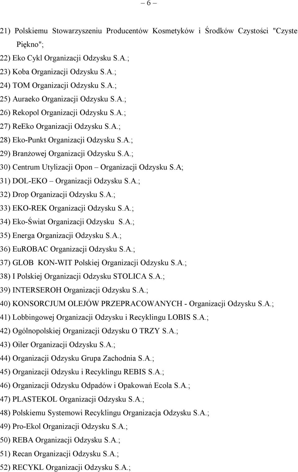 A; 31) DOL-EKO Organizacji Odzysku S.A.; 32) Drop Organizacji Odzysku S.A.; 33) EKO-REK Organizacji Odzysku S.A.; 34) Eko-Świat Organizacji Odzysku S.A.; 35) Energa Organizacji Odzysku S.A.; 36) EuROBAC Organizacji Odzysku S.