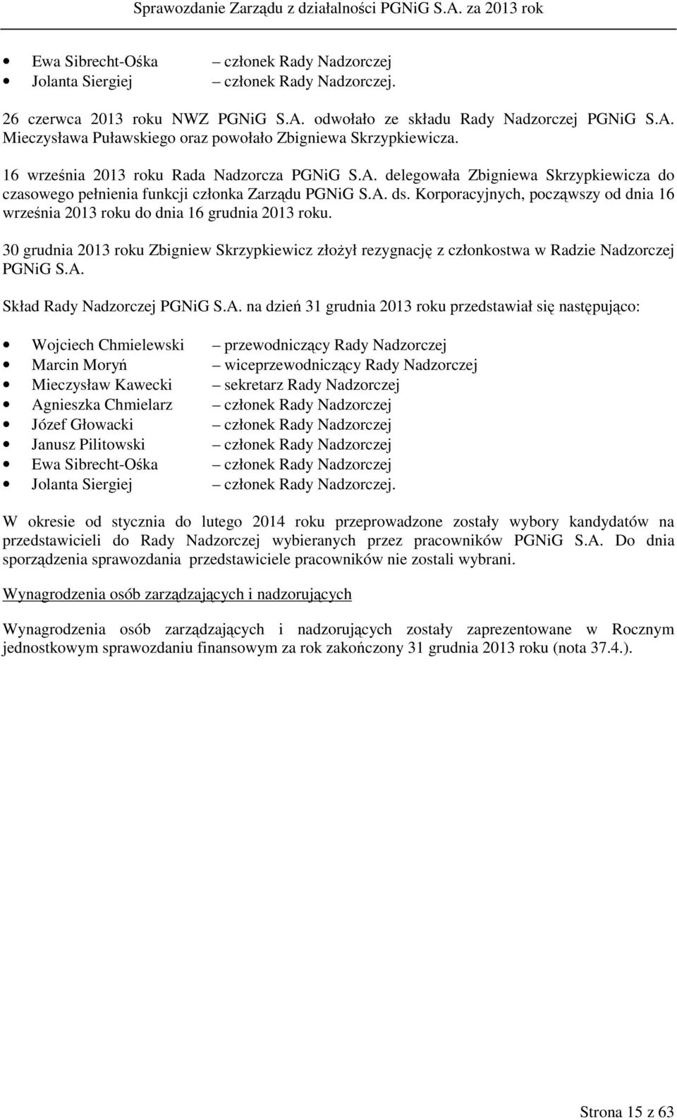Korporacyjnych, począwszy od dnia 16 września 2013 roku do dnia 16 grudnia 2013 roku. 30 grudnia 2013 roku Zbigniew Skrzypkiewicz złożył rezygnację z członkostwa w Radzie Nadzorczej PGNiG S.A.