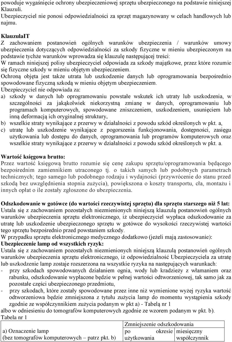 warunków wprowadza się klauzulę następującej treści: W ramach niniejszej polisy ubezpieczyciel odpowiada za szkody majątkowe, przez które rozumie się fizyczne szkody w mieniu objętym ubezpieczeniem.