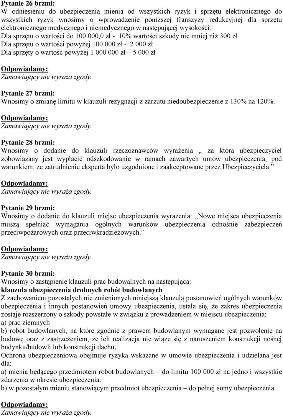 000 zł Dla sprzęty o wartość powyżej 1 000 000 zł 5 000 zł Pytanie 27 brzmi: Wnosimy o zmianę limitu w klauzuli rezygnacji z zarzutu niedoubezpieczenie z 130% na 120%.