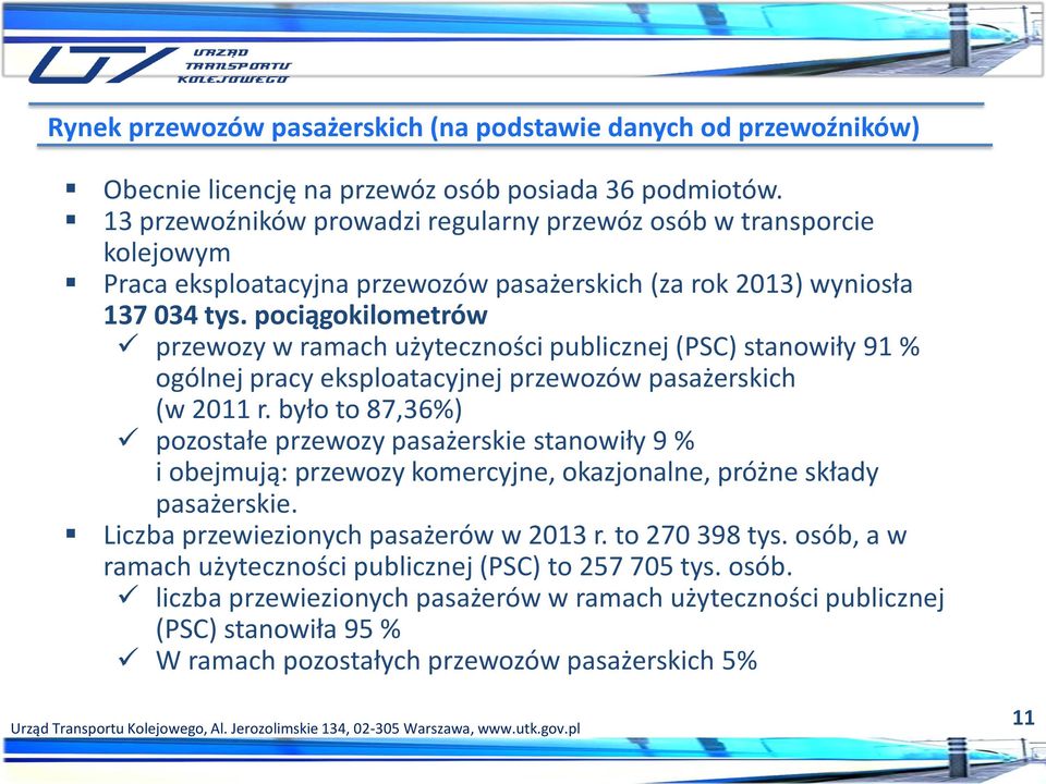 pociągokilometrów przewozy w ramach użyteczności publicznej (PSC) stanowiły 91 % ogólnej pracy eksploatacyjnej przewozów pasażerskich (w 2011 r.