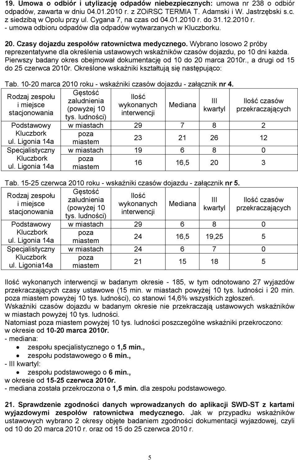 Wybrano losowo 2 próby reprezentatywne dla określenia ustawowych wskaźników czasów dojazdu, po 10 dni każda. Pierwszy badany okres obejmował dokumentację od 10 do 20 marca 2010r.