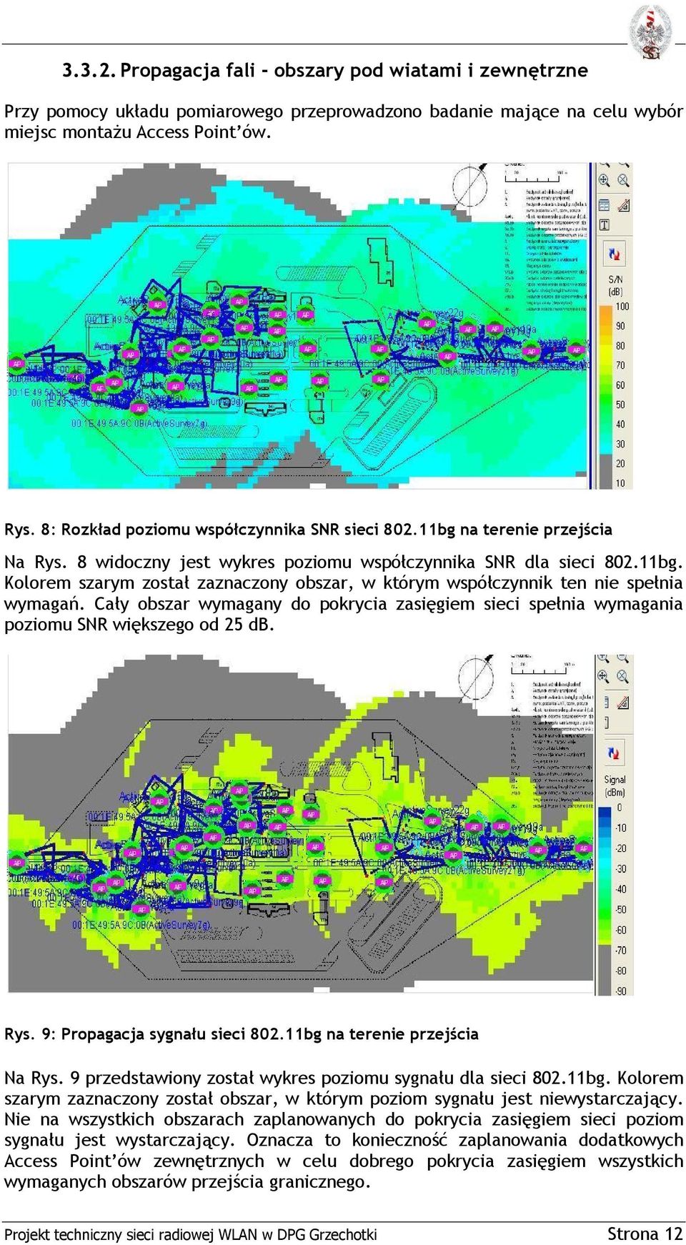 Cały obszar wymagany do pokrycia zasięgiem sieci spełnia wymagania poziomu SNR większego od 25 db. Rys. 9: Propagacja sygnału sieci 802.11bg na terenie przejścia Na Rys.
